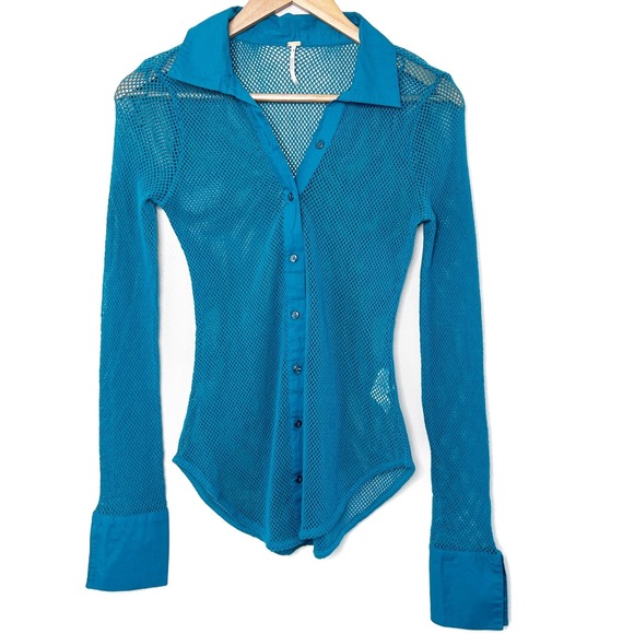 Free People Teal Blue Mesh Button Down Long Sleeve Sheer Cotton Top Size S/P - Picture 2 of 8